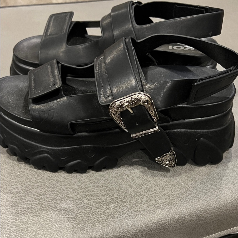 Chunky Black Platform Sandals with Silver Western Buckle